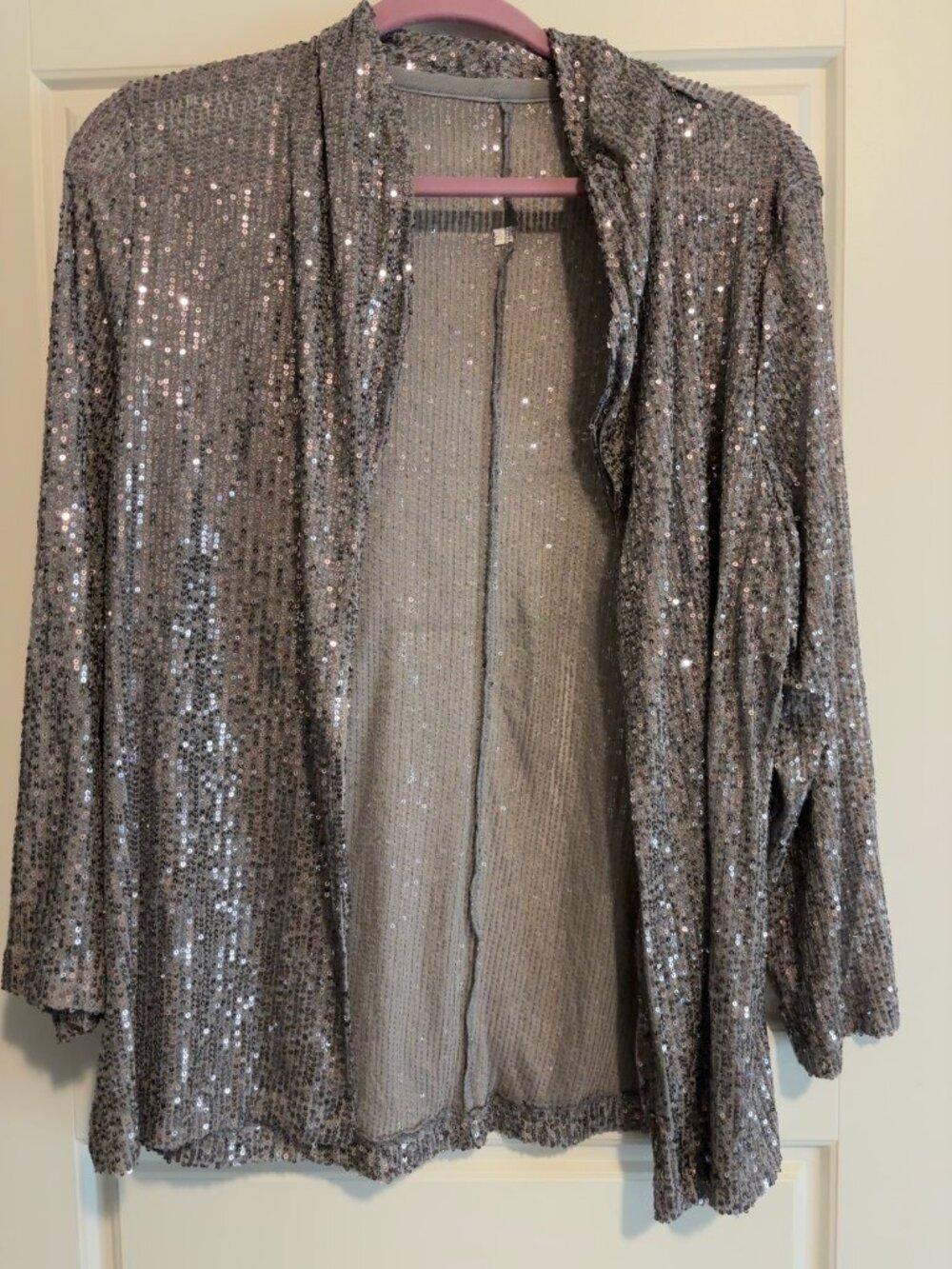 Silver Gray Sequin Open Front Cardigan – Sparkly Party Jacket